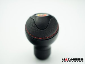 FIAT 500 Gear Shift Knob -  Black Italy - Black Base/ Black Leather Top + Chrome ABARTH Logo - Short Style